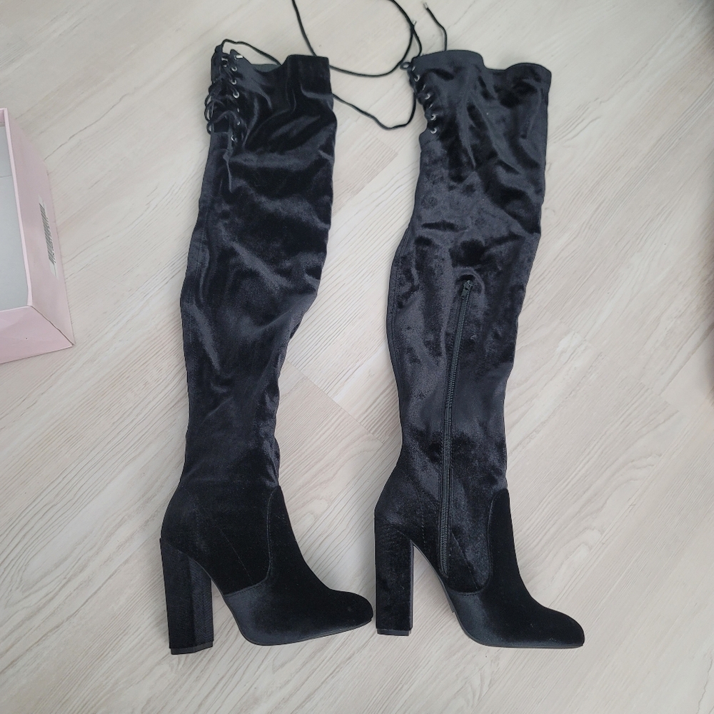 NEW JUST FAB Leona Black Heeled Knee High Suede Lace Up Boots Size 6 - Picture 4 of 17